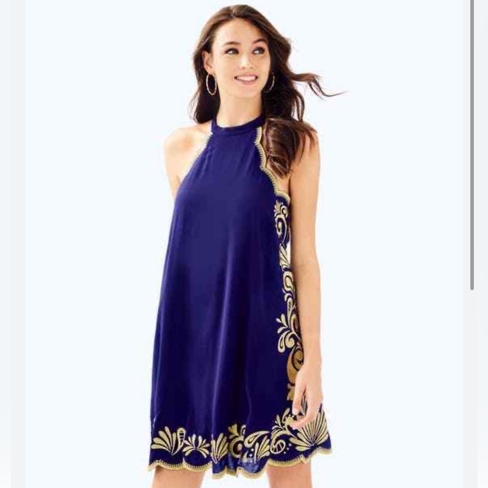 Perfect Lilly Pulitzer Quinn Gold Embroidered Lined Swing Dress XS